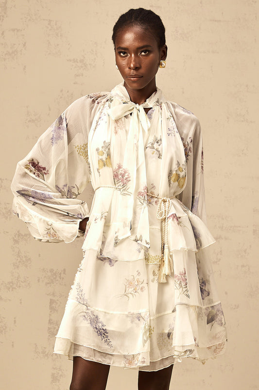 Albane white floral-print tiered chiffon mini dress