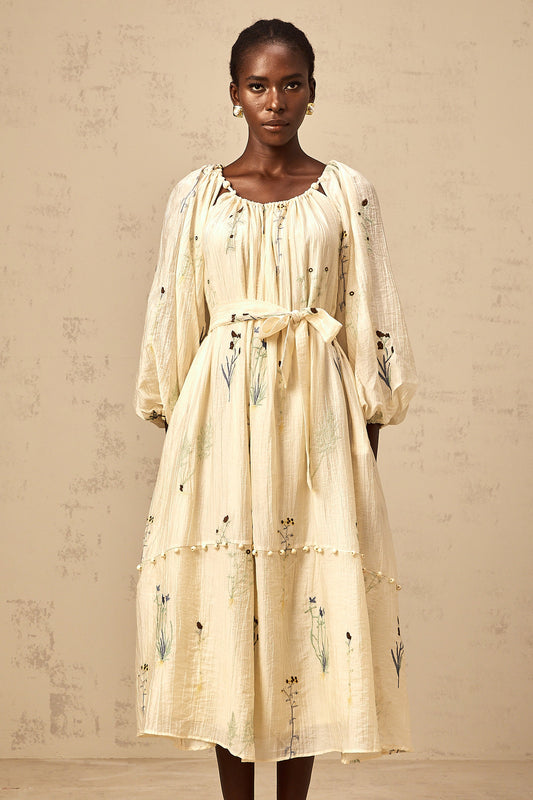 Seraphe beige flower-embroidered beaded midi dress