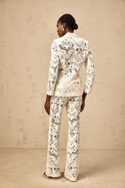 Yaelle white sequined flower-embroidered tulle blazer & trousers matching set