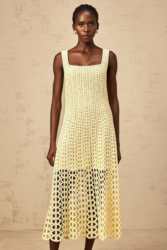 Edelie light-yellow embellished cut-out crochet-knit midi dress