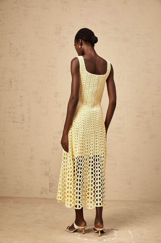 Edelie light-yellow embellished cut-out crochet-knit midi dress