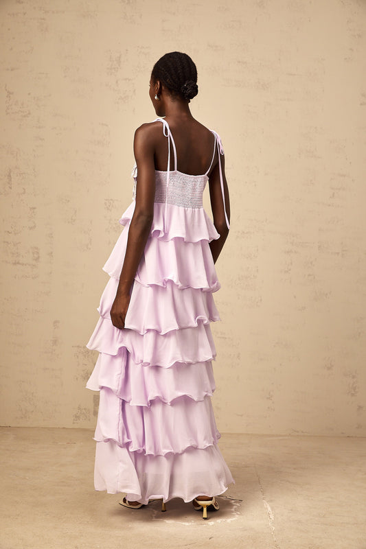 Wilhelmine purple sequined 3d-petal tiered maxi dress