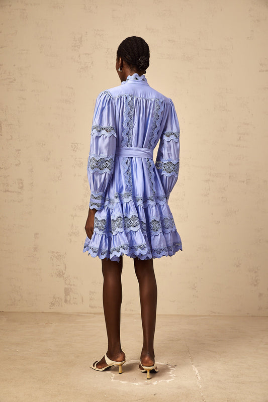 Poema blue cut-out motif-embroidered tiered mini dress