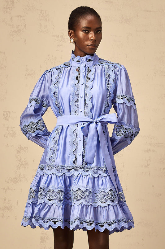Poema blue cut-out motif-embroidered tiered mini dress