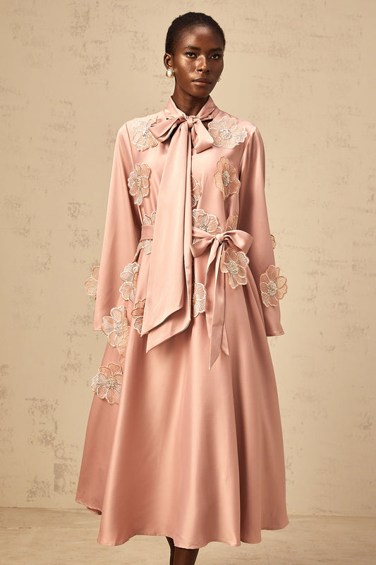Orane tied floral-applique flared midi dress in Pink