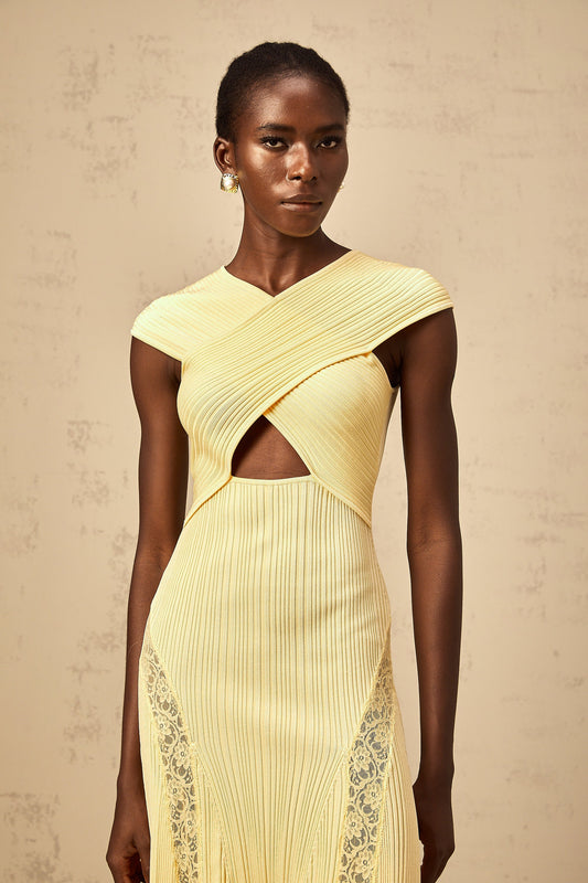 Airelle yellow lace-panelled rib-knit midi dress