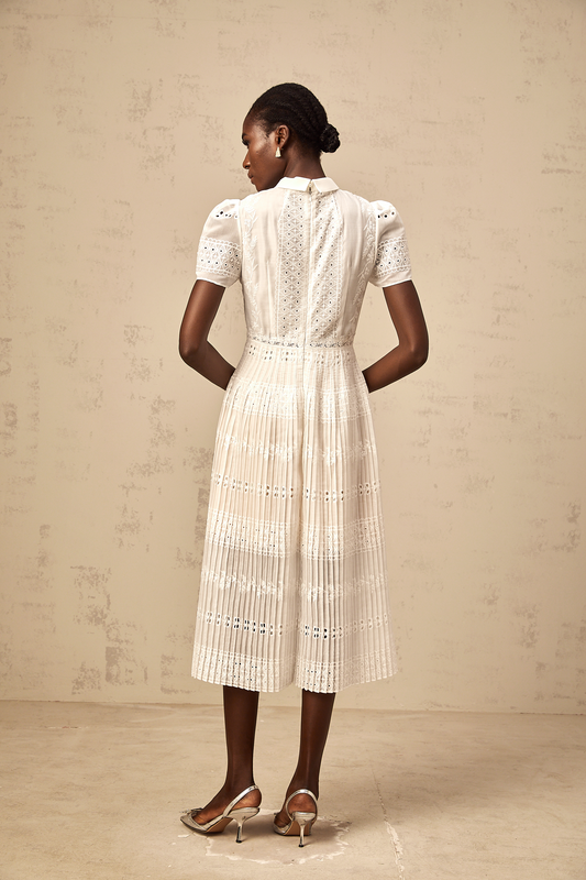 Quincie white lace-embroidered hollow midi dress