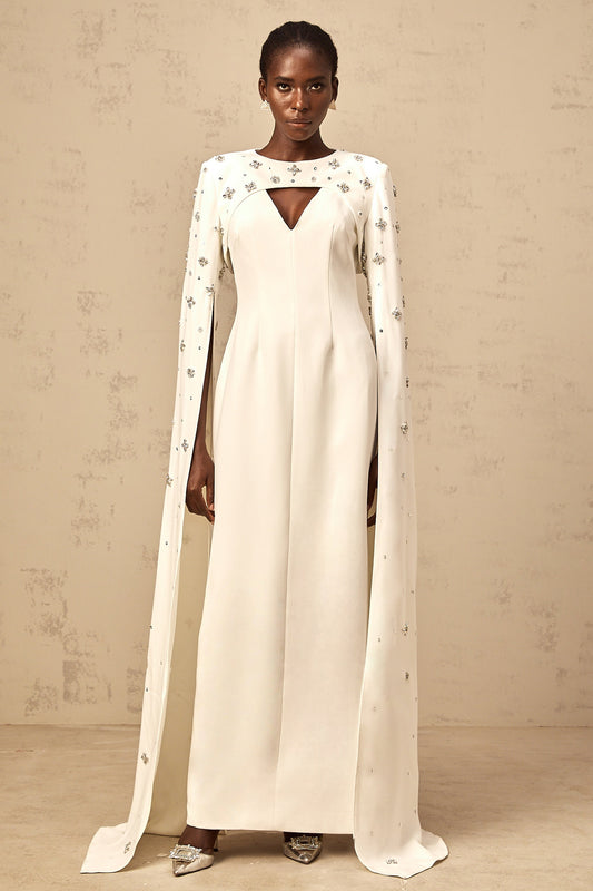 Fanny white extra-long-sleeve embellished gown