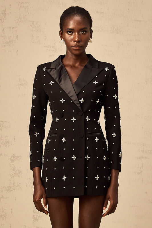 Quincie black crystal panelled mini blazer dress