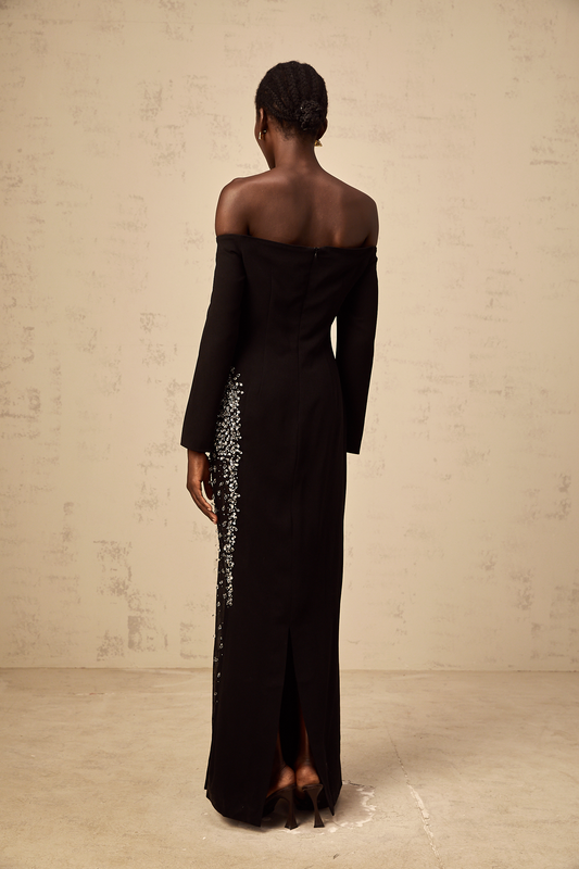 Hyacinthe black mesh-panel embellished maxi dress