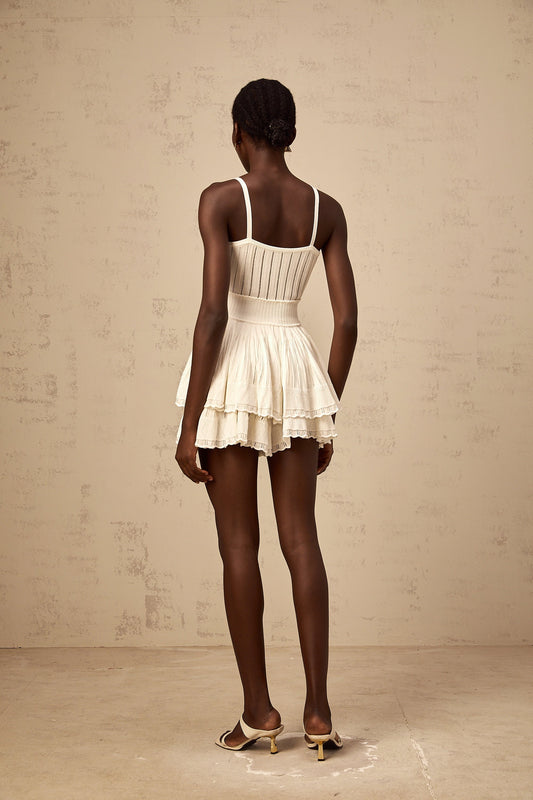 Oriane cream-white shirred crochet-knit top & culottes matching set