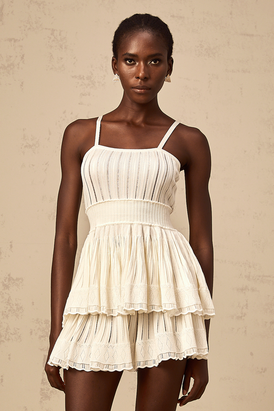 Oriane cream-white shirred crochet-knit top & culottes matching set