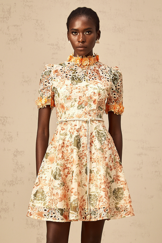 Lilou orange flower-embroidered embellished mini dress