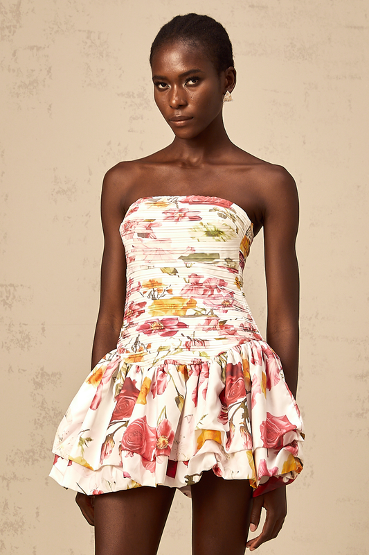 Inès pink floral-print smocked mini dress