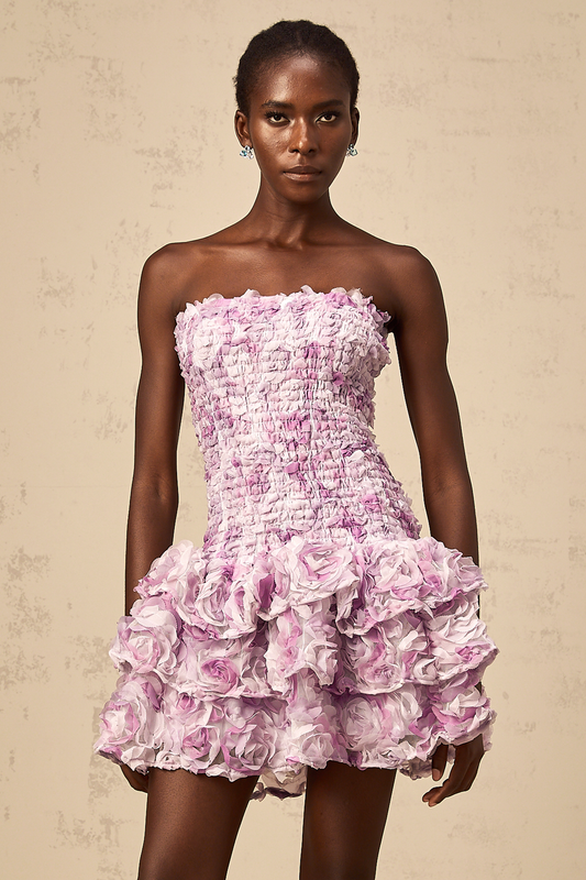 Mylène purple 3D-petal tiered tulle mini dress