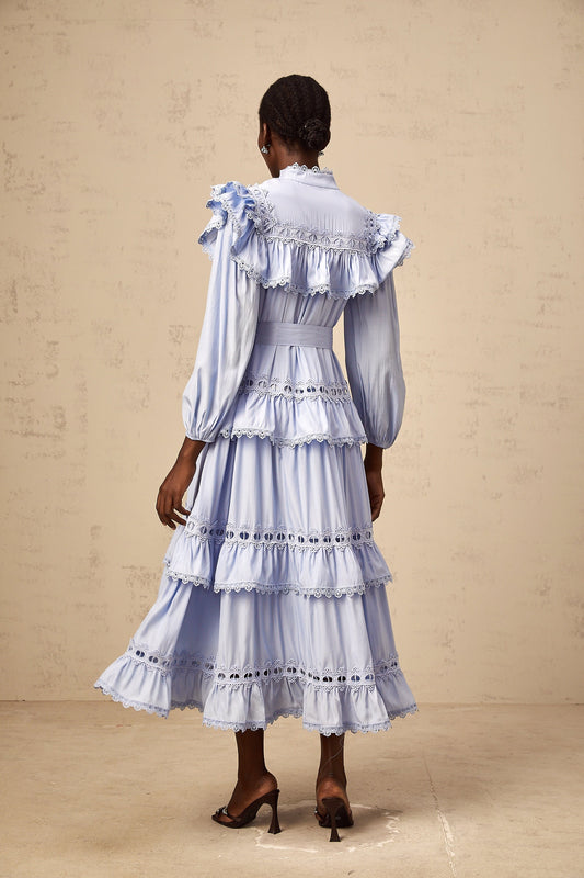 Véronique blue lace-trim tiered midi dress