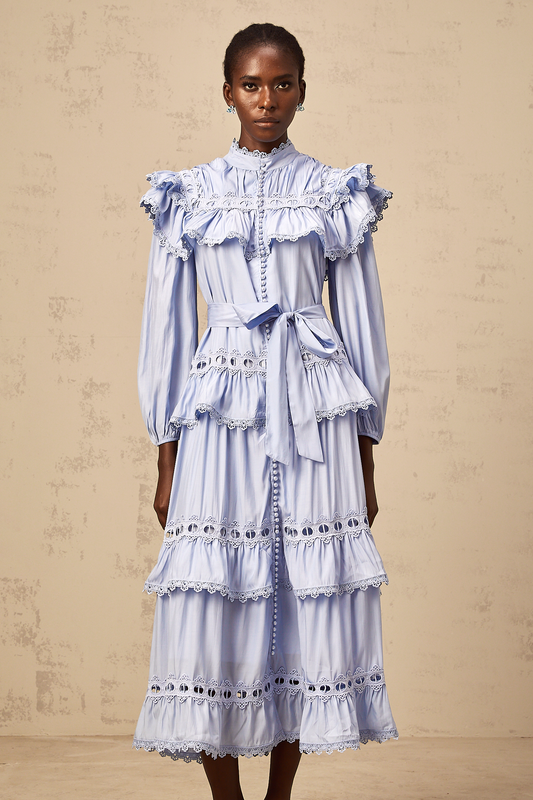 Véronique blue lace-trim tiered midi dress