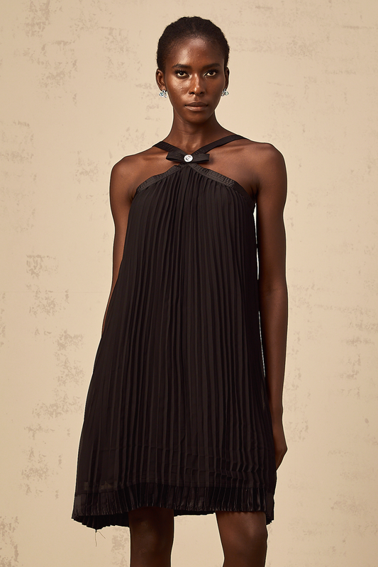 Zelda black bowknot pleated mini dress