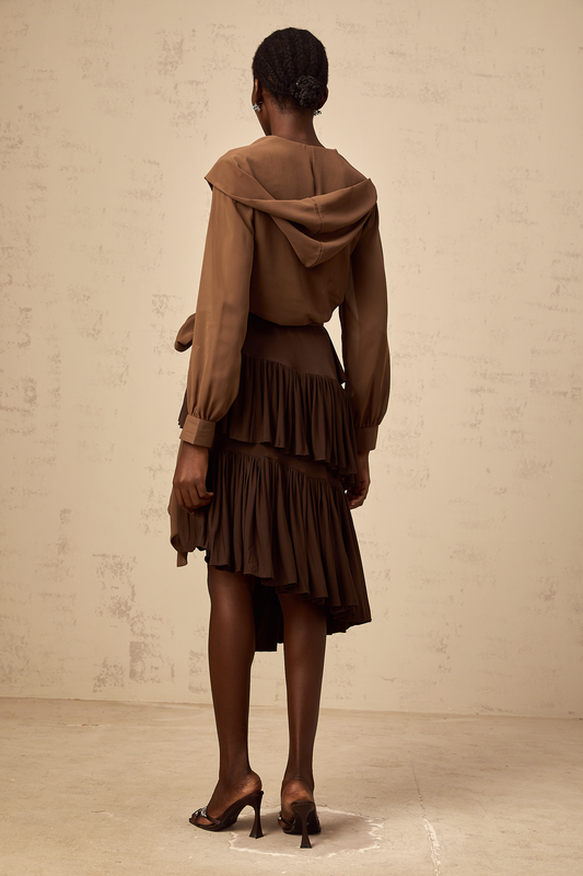 Amandine brown semi-sheer hooded wrap top