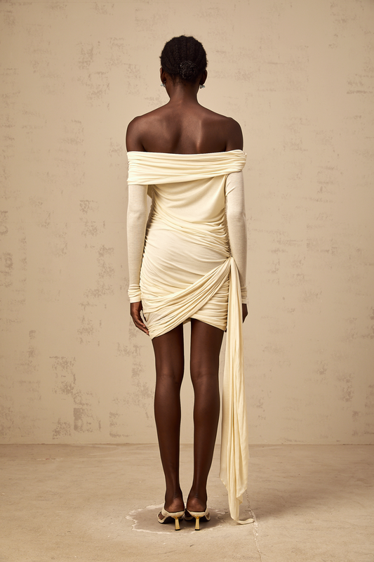 Margaux cream-white ribbon-design ruched mini dress