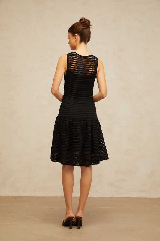 Maelle black flounced pointelle-knit mini dress