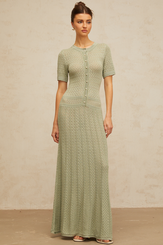 Siena green shirred crochet-knit maxi dress