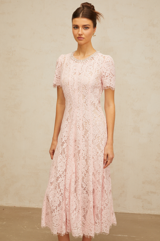 Dulcie pink embellished floral-lace midi dress (US Only)