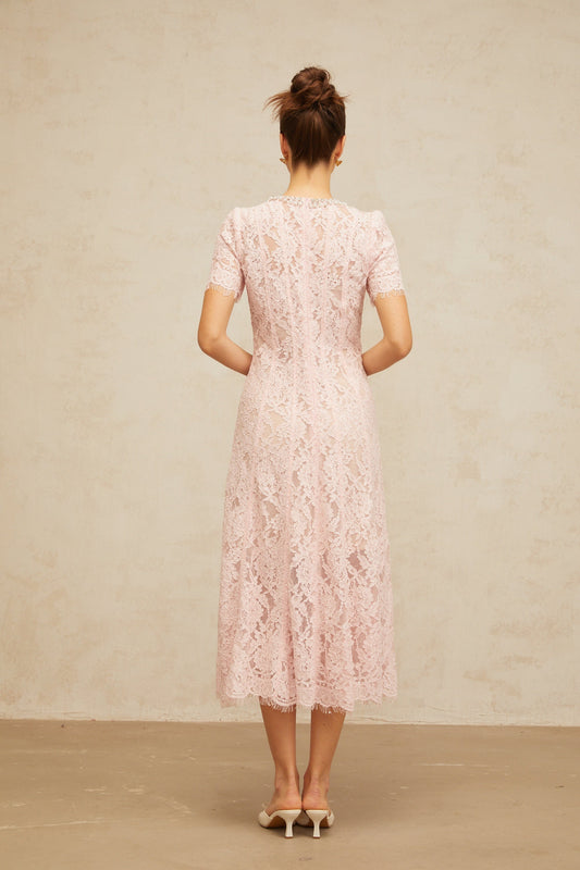 Dulcie pink embellished floral-lace midi dress (US Only)