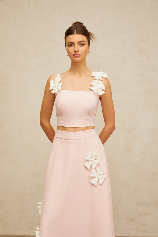 Uxue pink floral-appliqué top & skirt matching set
