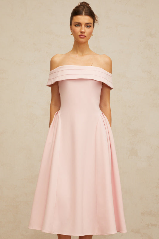 Zélie pink off-shoulder pleated midi dress