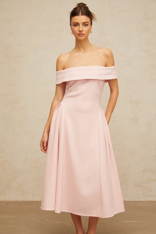 Zélie pink off-shoulder pleated midi dress