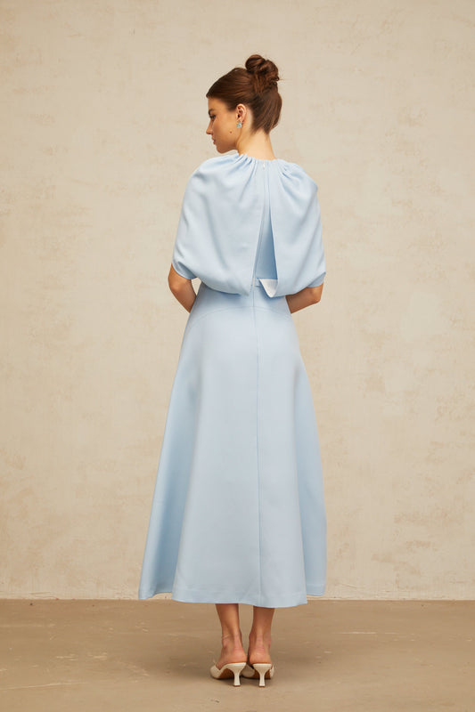 Lina blue shawl-panel embellished midi dress