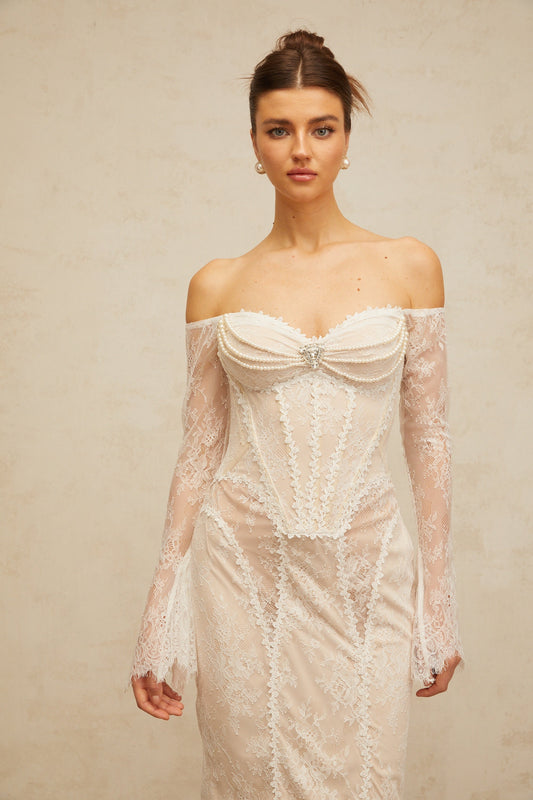 Énora white embellished floral-lace midi dress