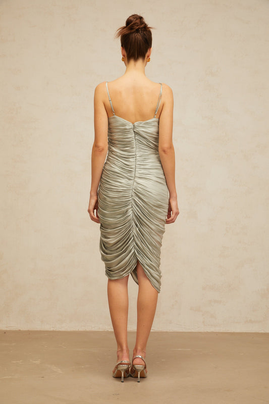 Lison glossy ruched midi dress in Grayish-green