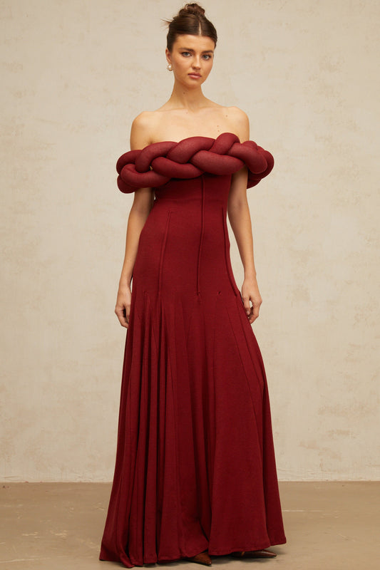 Roxane red braid-design knit maxi dress