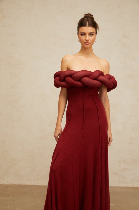 Roxane red braid-design knit maxi dress