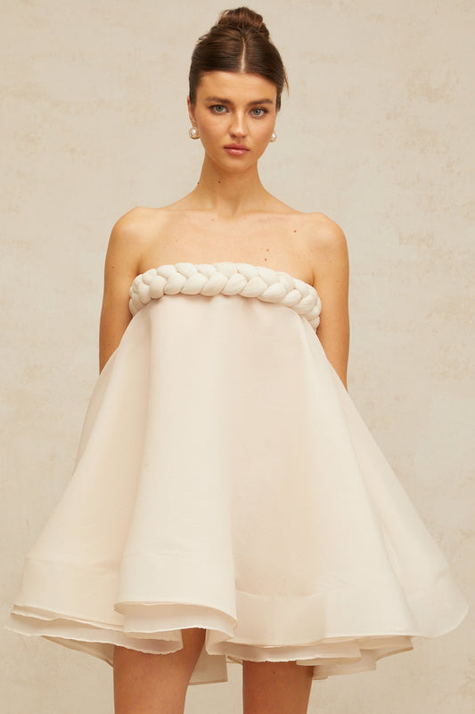 Violette white braid-detail puff mini dress