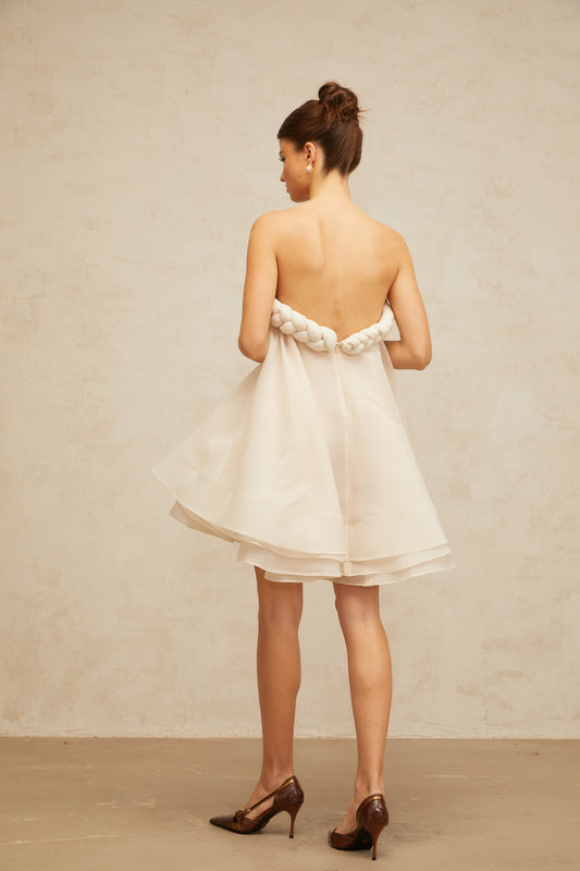 Violette white braid-detail puff mini dress