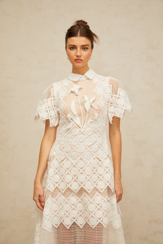 Yasmine white floral-embroidered midi dress