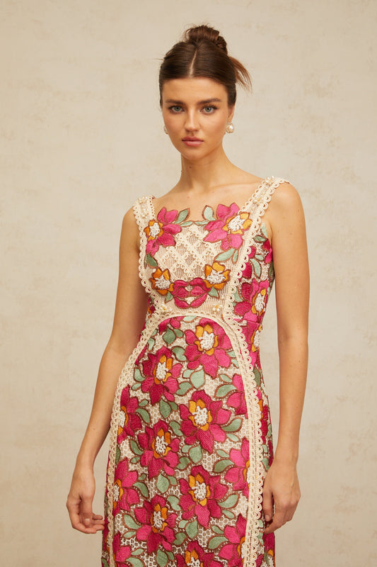 Nalini rose-pink braided floral-embroidered midi dress