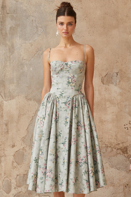 Prunelle sage-green floral-print shirred midi dress