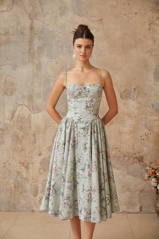 Prunelle sage-green floral-print shirred midi dress