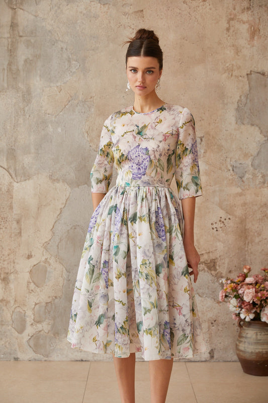 Lydie Floral Print Shirred Midi Dress