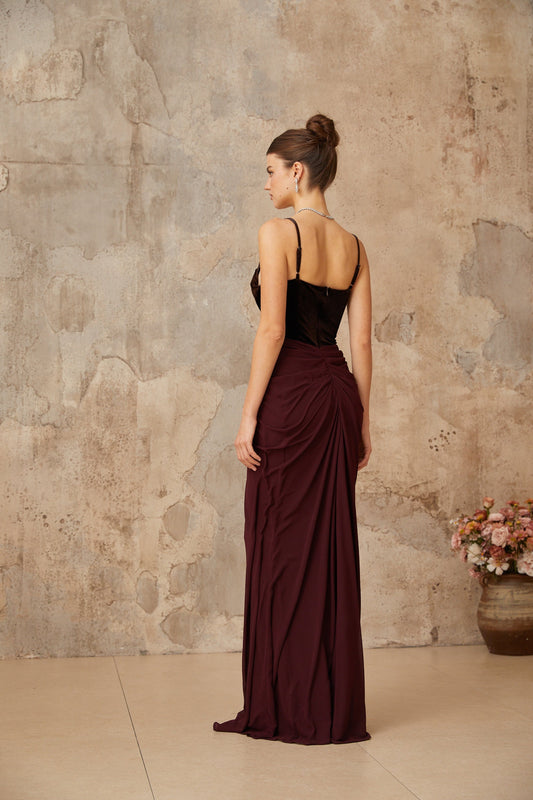 Ariane burgundy velvet-panel shirred maxi dress