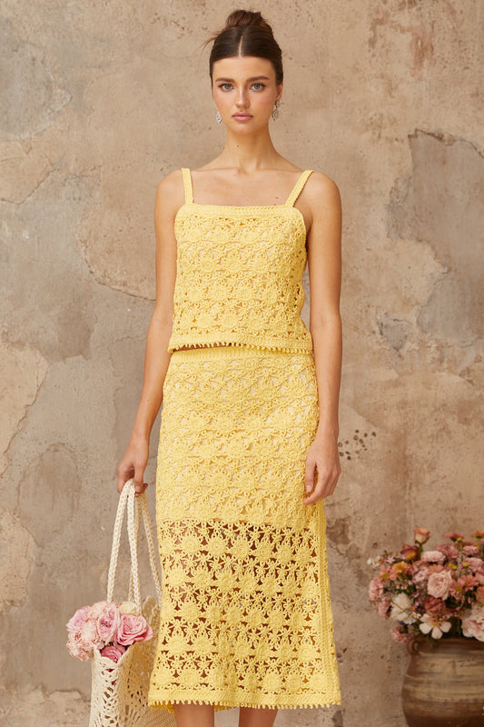 Isoline yellow crochet-knit top & skirt matching set