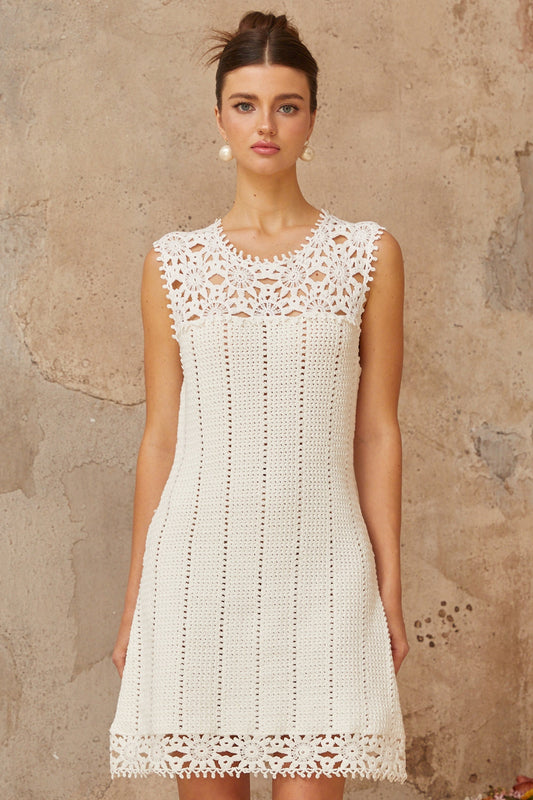 Gisèle white floral-appliqué crochet-knit mini dress