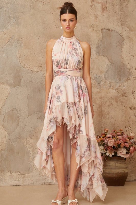 Nina pink asymmetrical floral-print maxi dress