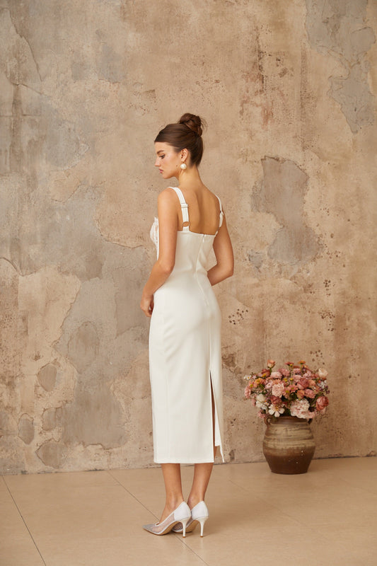 Poema white lace-panel corset midi dress