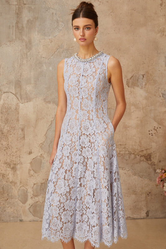 Lison blue embellished floral-lace midi dress