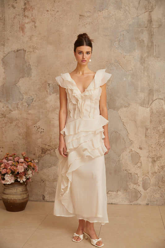 Hélène faux-flower layered ruffled maxi dress